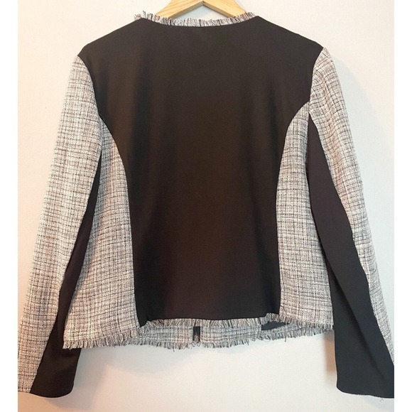 Elle Blazer Jacket Gray Black Fringe Full Zip Color Block Tweed Professory XL - Picture 6 of 6